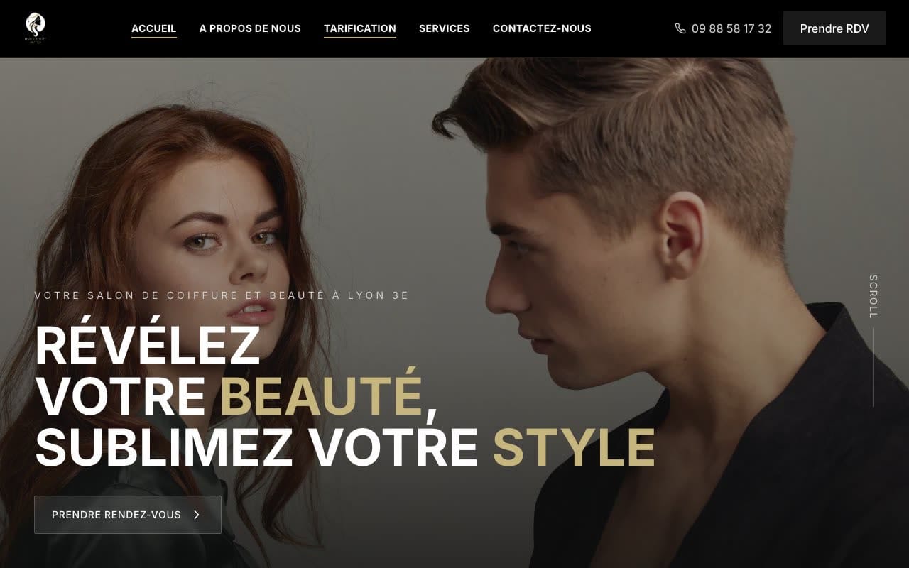 Page d'accueil d'un site de salon de coiffure et beauté réalisé par Digiflow
