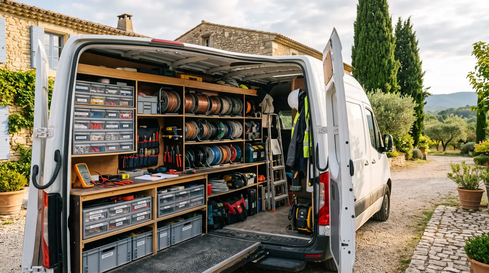 Utilitaire Riv'Énergies aménagé en atelier : bobines de câble et outillage rangés