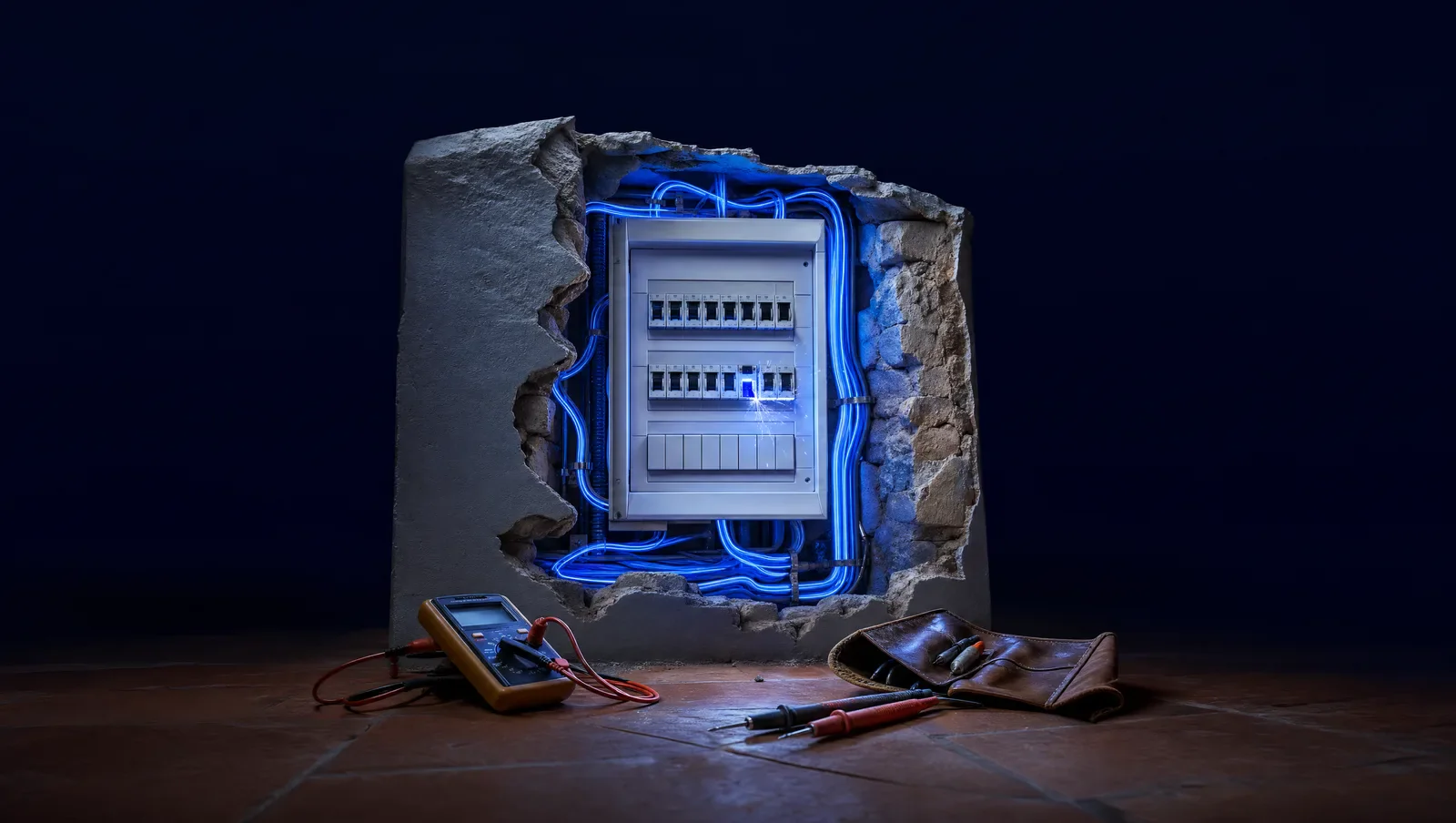 Tableau électrique en coupe dans un mur : un disjoncteur saute dans une gerbe d'étincelles, multimètre et outils au pied du mur