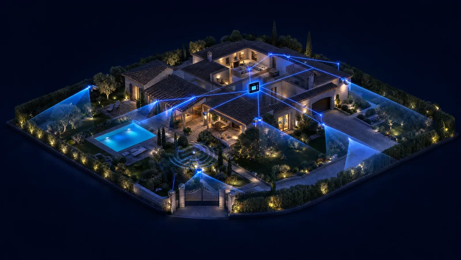 Villa provençale de nuit vue du dessus : cônes de vision des caméras et réseau d'alarme reliant chaque détecteur
