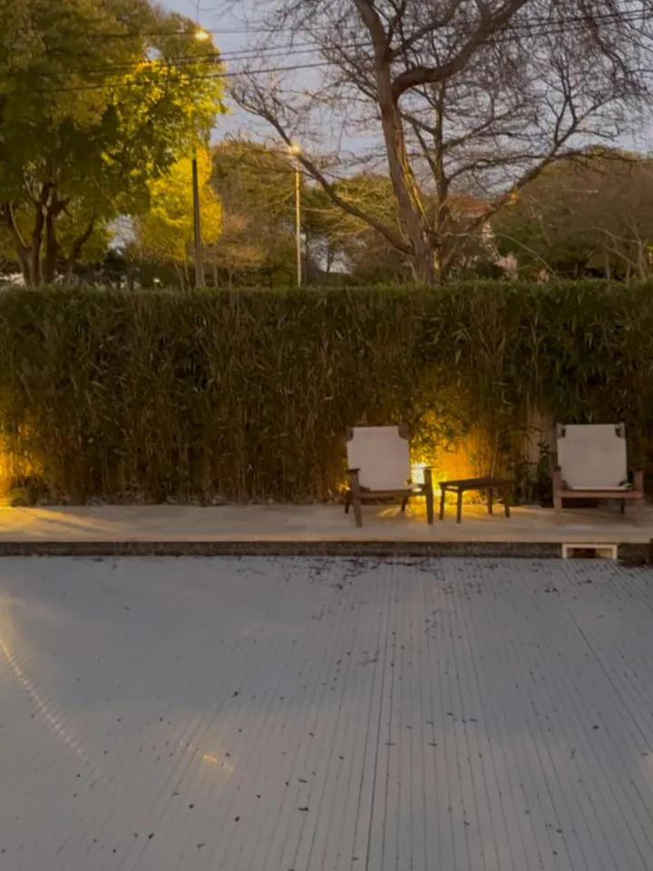 Terrasse et haie éclairées au crépuscule