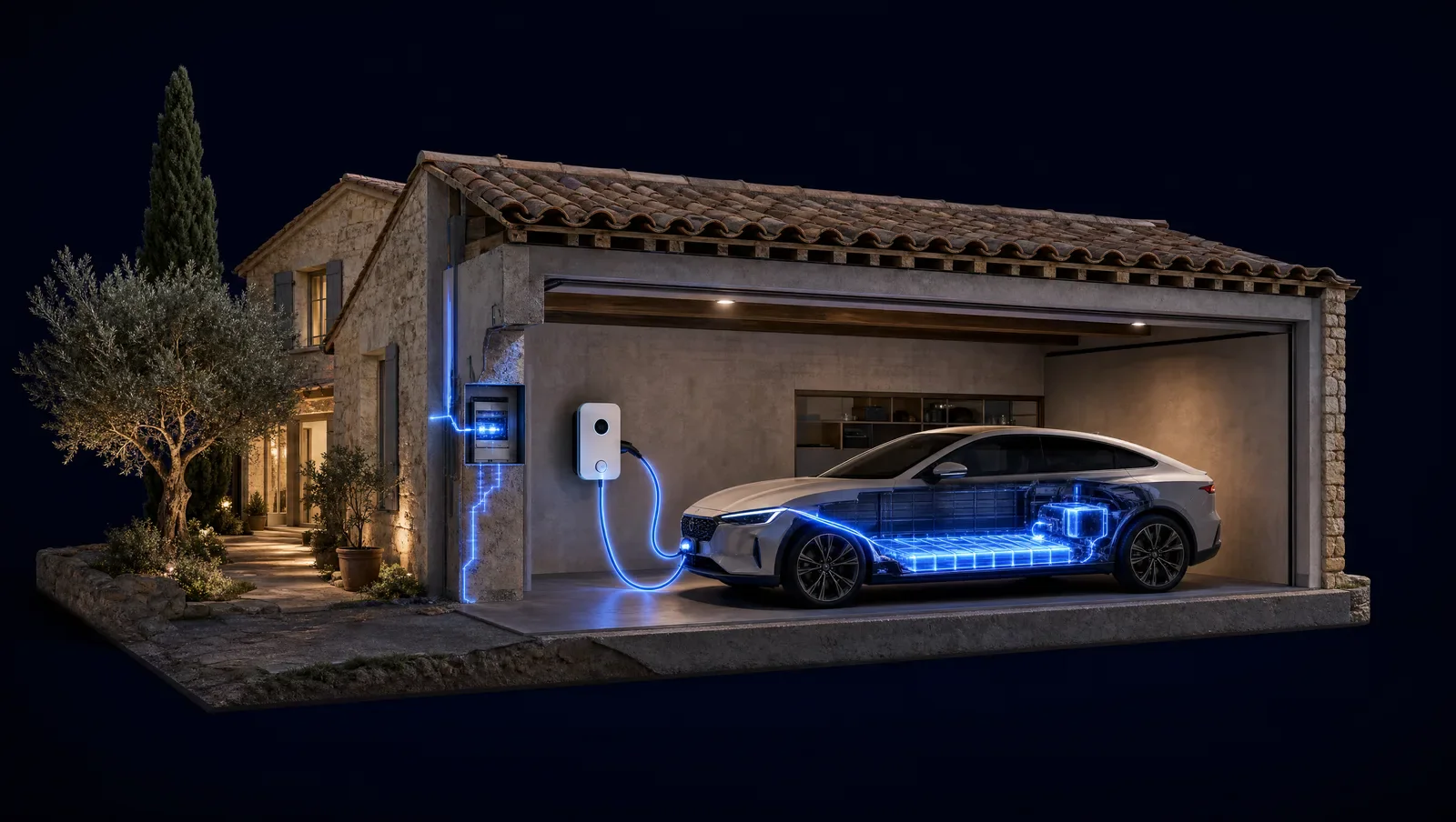 Garage d'une villa en coupe : la borne murale recharge une voiture électrique, le courant circule jusqu'à la batterie