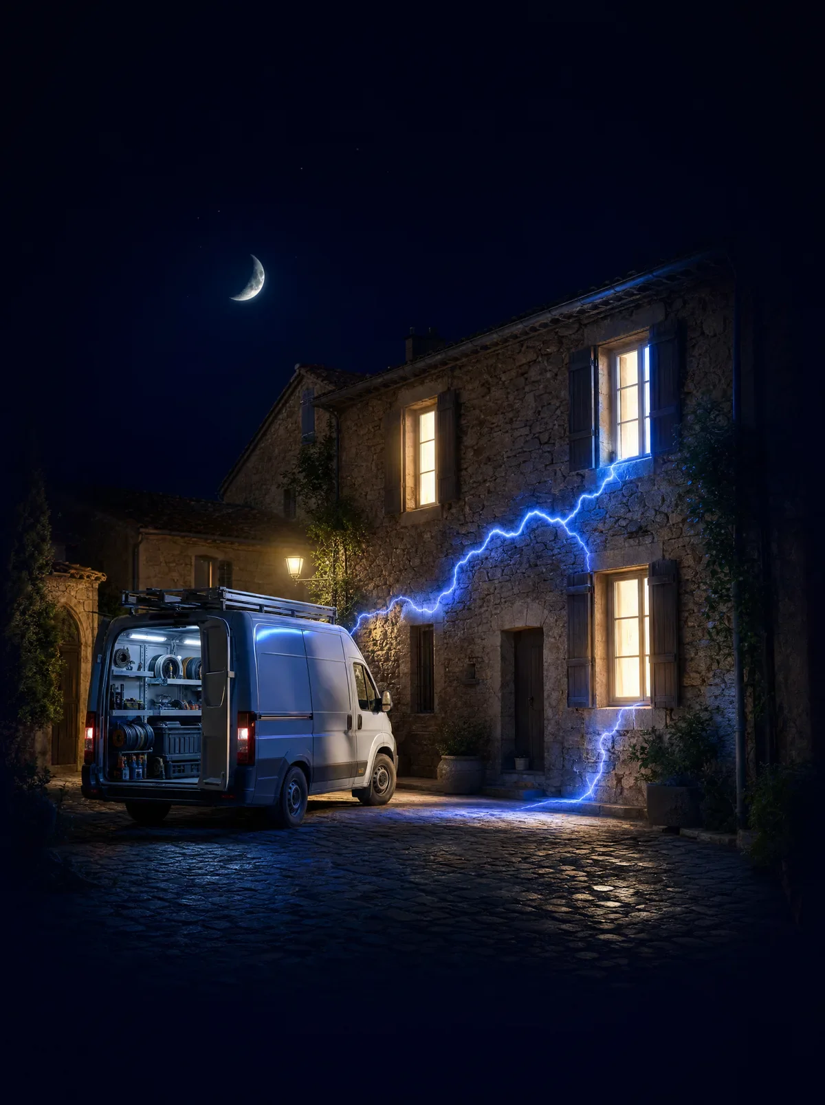 Camionnette d'électricien de nuit dans une rue de village provençal, la maison voisine se rallume