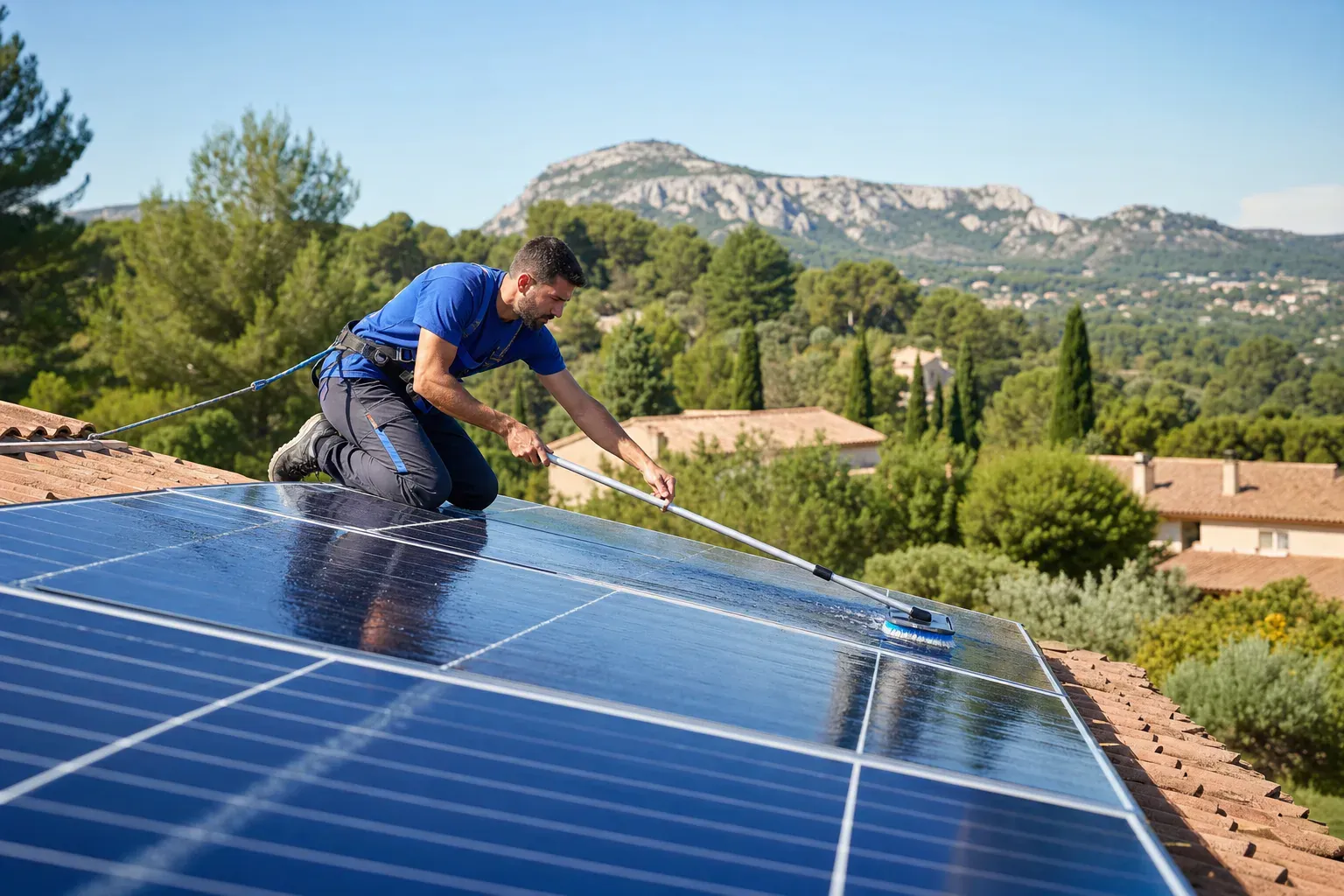 Nettoyage de panneaux solaires sur une toiture en région PACA pour préserver le rendement