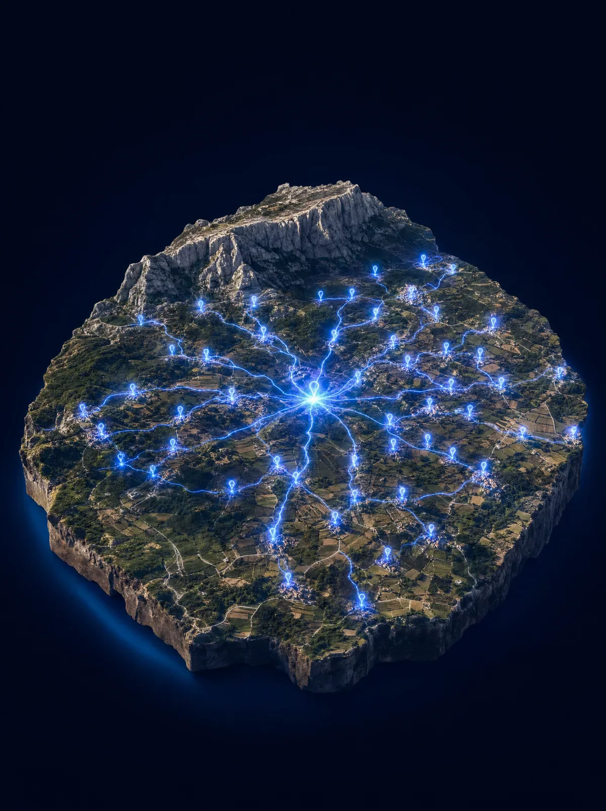 Relief provençal en 3D, chaque commune desservie reliée par un réseau lumineux
