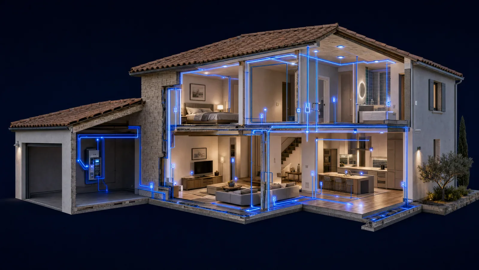 Villa provençale en coupe : tout le réseau électrique allumé dans les murs, du tableau aux prises et luminaires