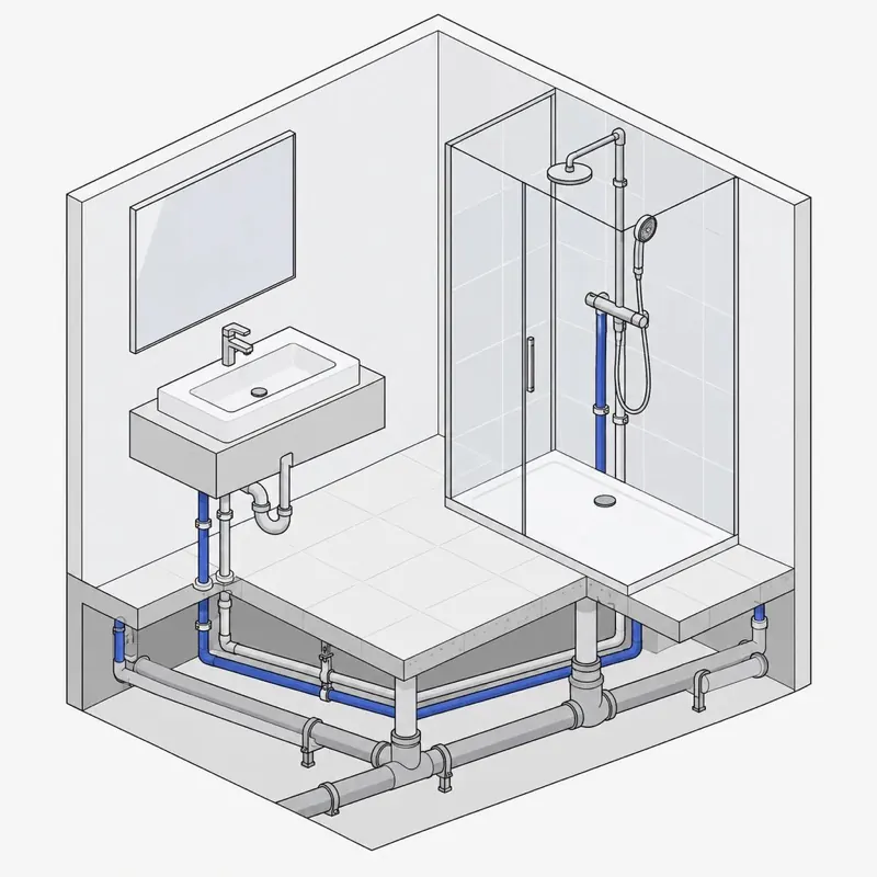 Planche technique : salle de bain en coupe avec ses arrivées d’eau et ses évacuations