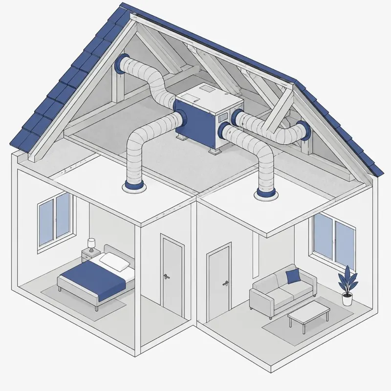 Planche technique : maison en coupe avec un caisson de ventilation et ses gaines dans les combles