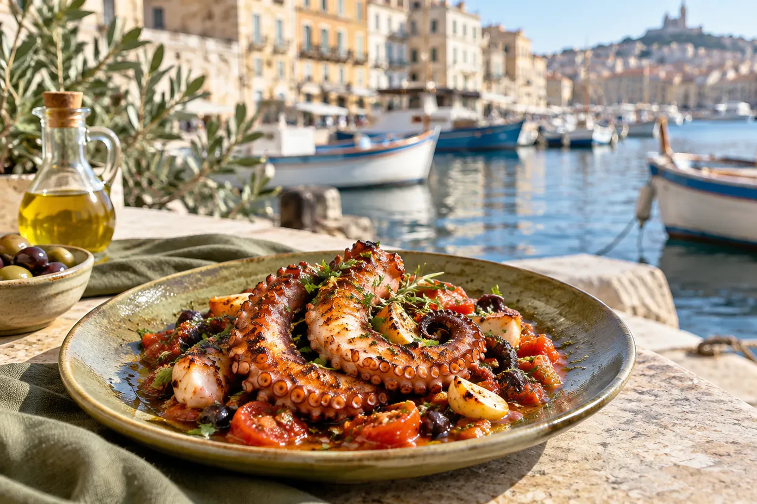 Terrasse d'Au Bout du Quai au bord du Vieux-Port de Marseille, tables dressées face aux bateaux