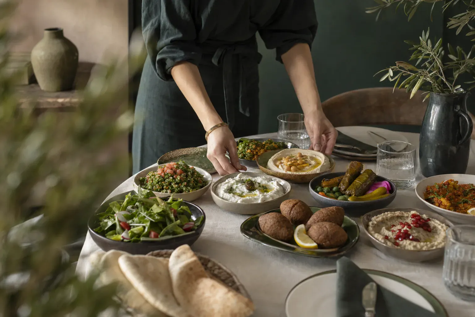 Assiette de mezzés libanais avec houmous, moutabal, riz vermicelle et brochettes de kefta