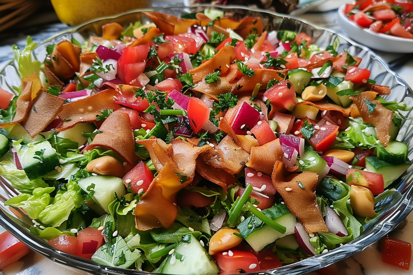 Fatouche, Salade composée de tomates, concombre, oignons, croûtons, poivrons., fait maison au Cèdre, restaurant libanais à Nantes