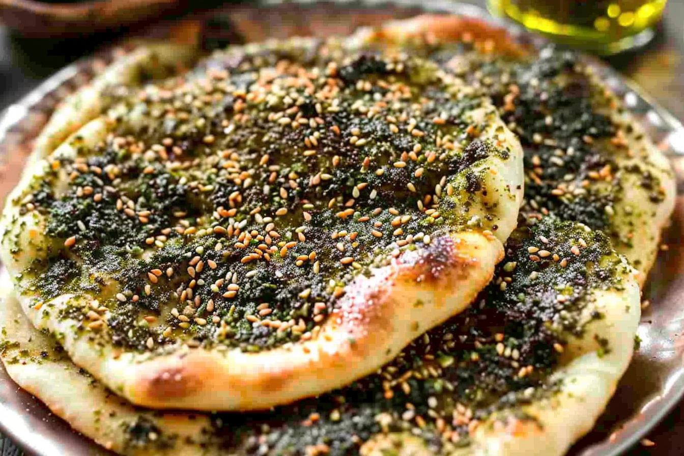 Manakish zaatar, Galette de zaatar et huile d'olive., fait maison au Cèdre, restaurant libanais à Nantes