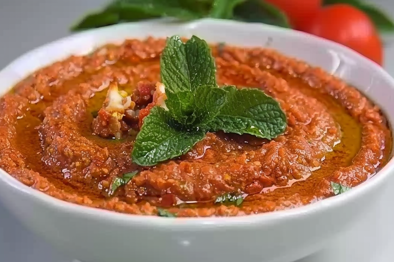 Mouhamara, Poivron rouge, noix, ail, sauce tomate, chapelure, huile d'olive., fait maison au Cèdre, restaurant libanais à Nantes
