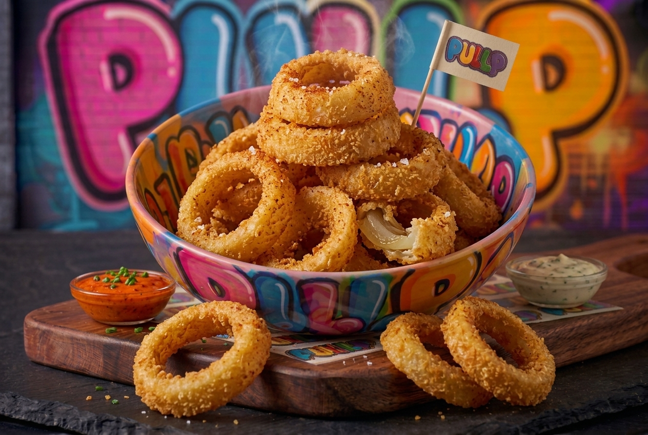 Onion rings — Anneaux d'oignons doux panés maison à la bière.