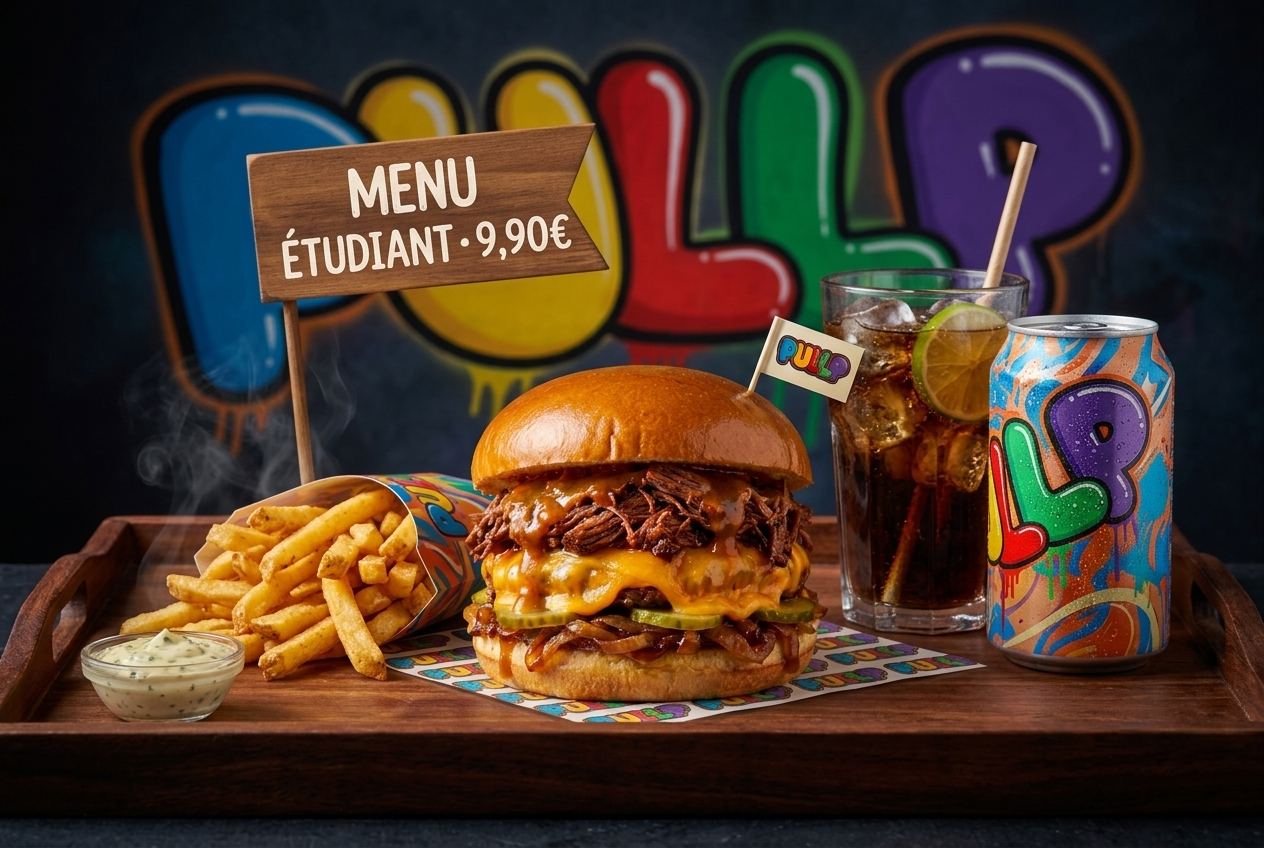 Menu Étudiant PULLP — burger + frites + boisson à 9,90€