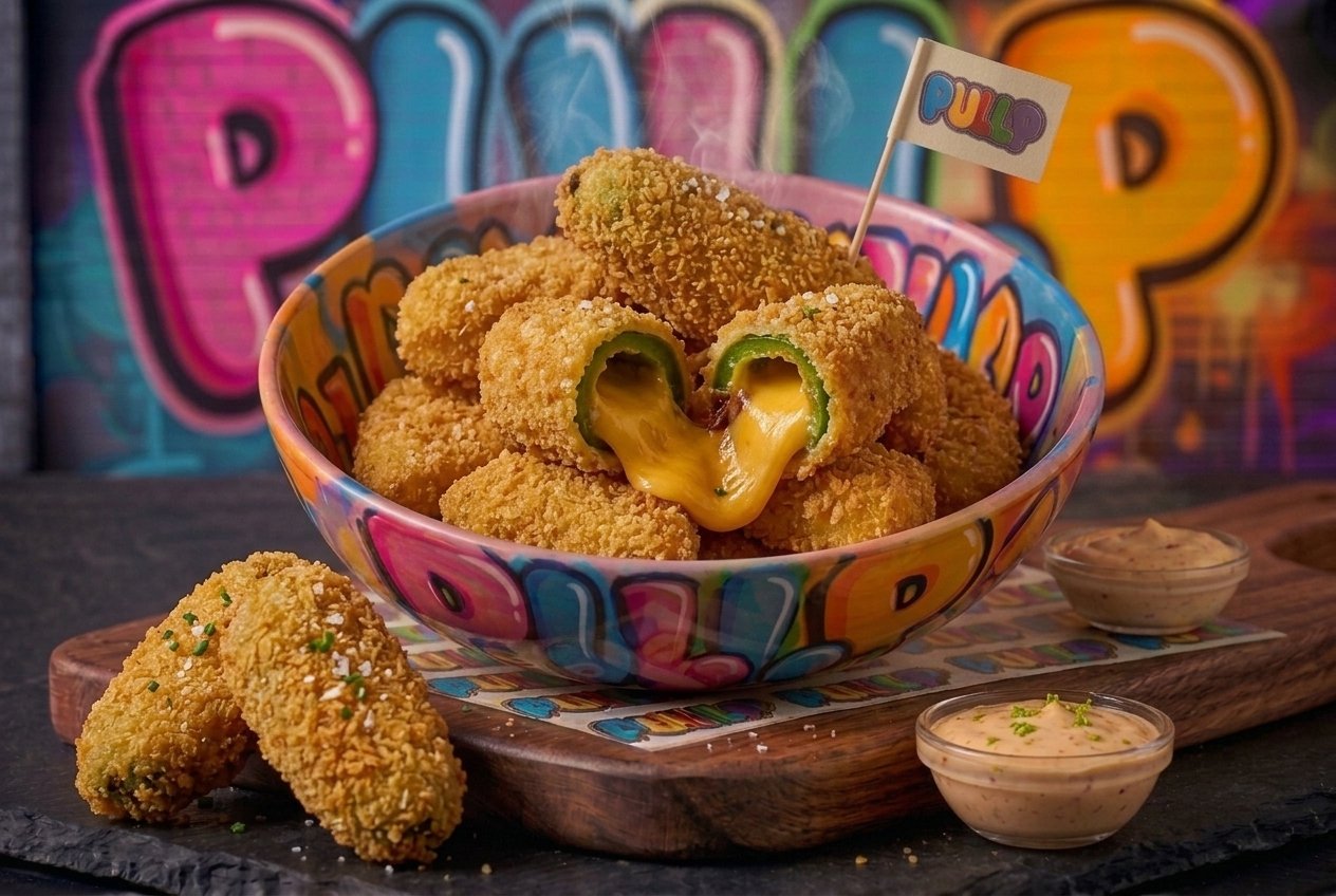 Jalapeños cheddar — Piments jalapeños farcis au cheddar, panés maison.