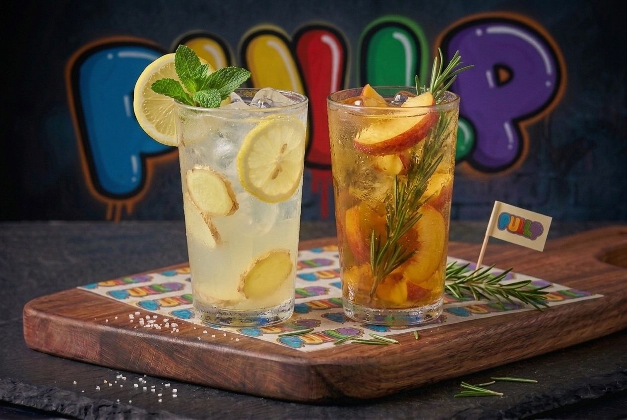 Boissons maison — Limonade citron-gingembre · Iced tea pêche-romarin. Préparation maison.