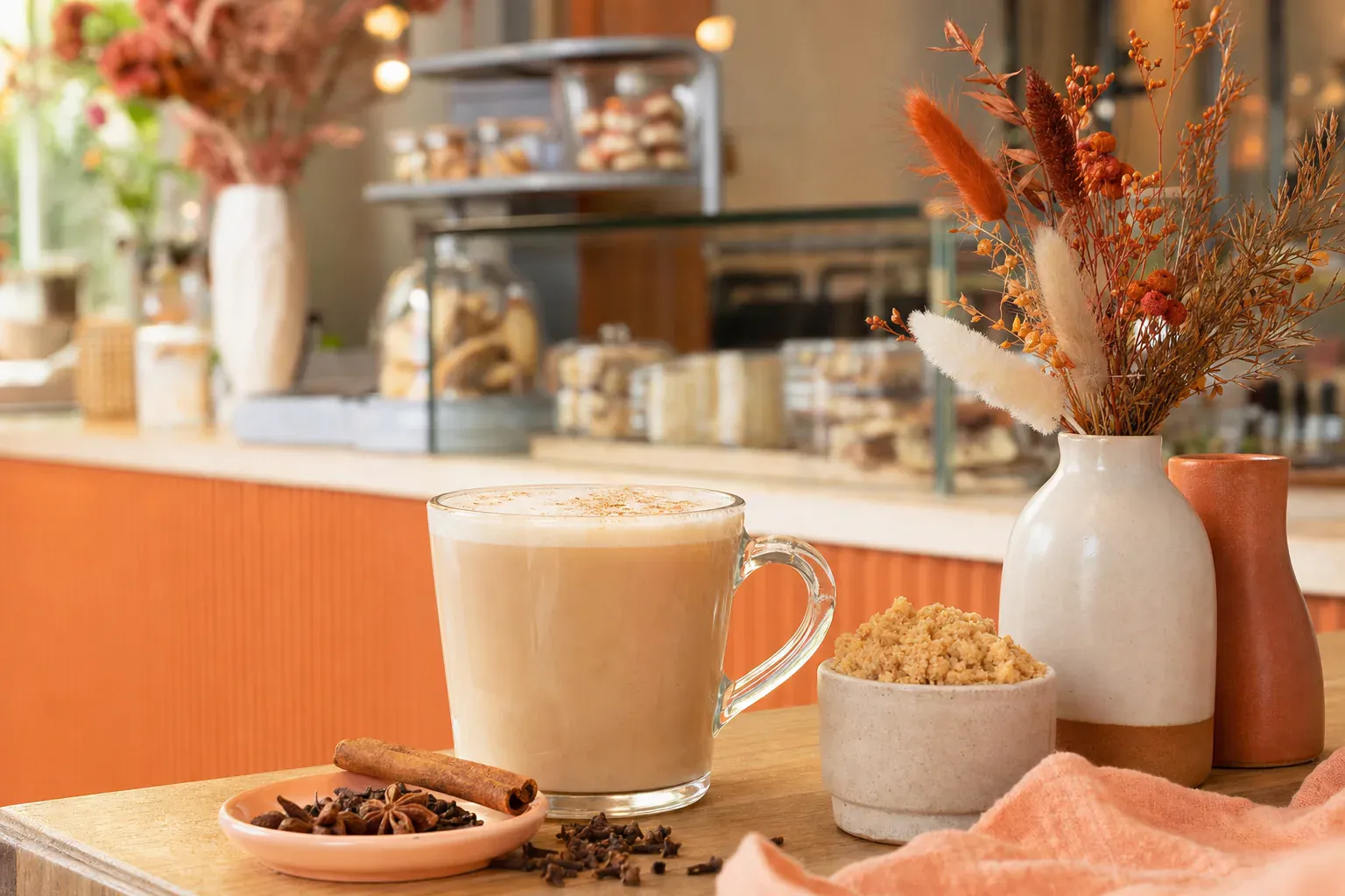 Illustration d'un chai latte épicé, boisson star des coffee shops