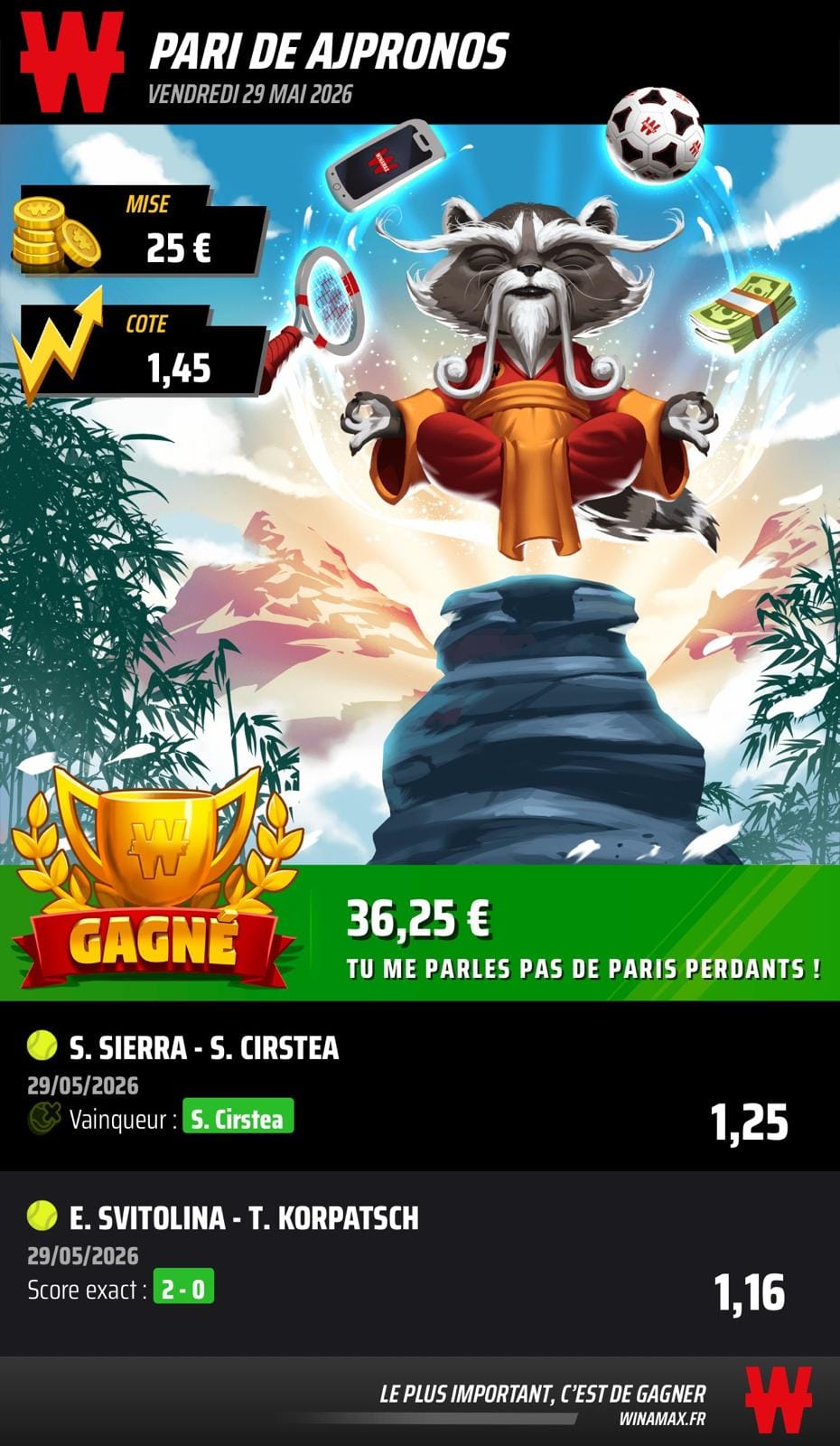 Capture d'écran d'un pari combiné sur tennis sur une application de paris sportifs