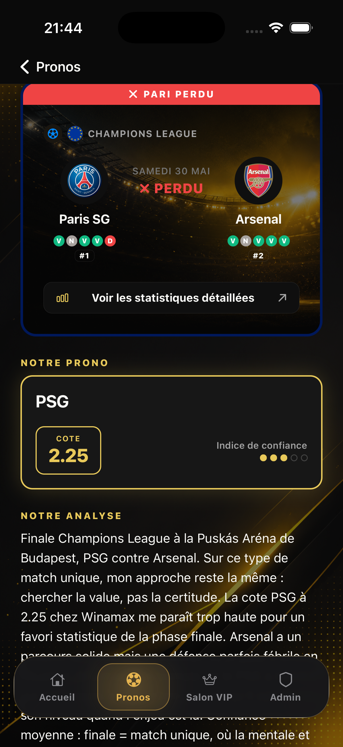 Fiche prono avec l'analyse rédigée par Julien