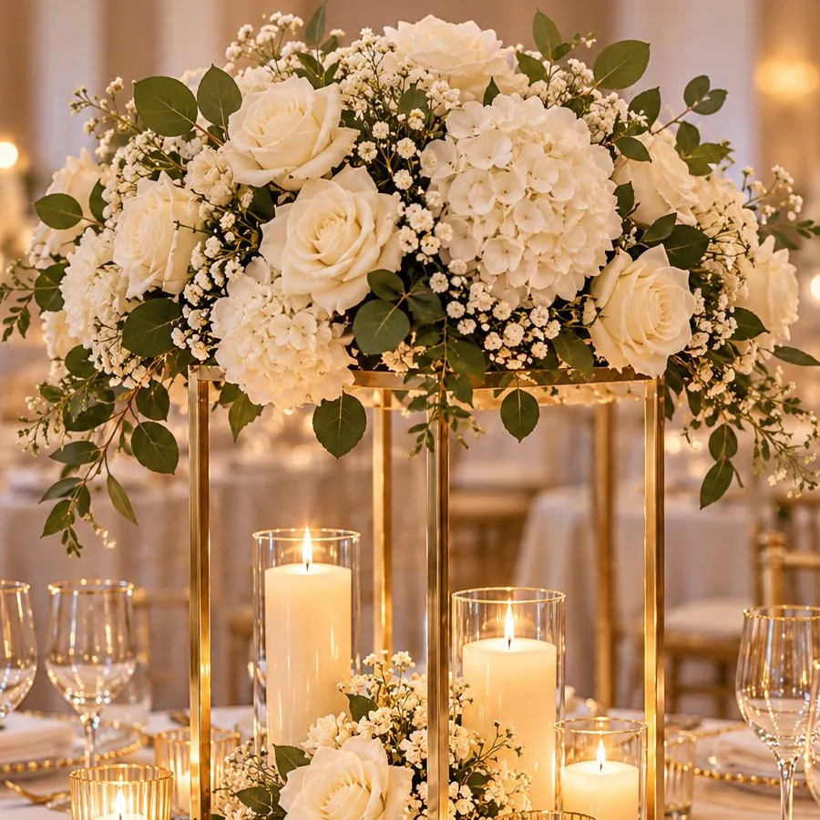 Centre de table en colonne dorée surmontée d'un bouquet de roses et d'hortensias blancs.