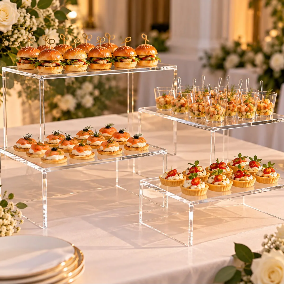 Présentoirs transparents en acrylique de hauteurs différentes, disposés en gradins sur un buffet.