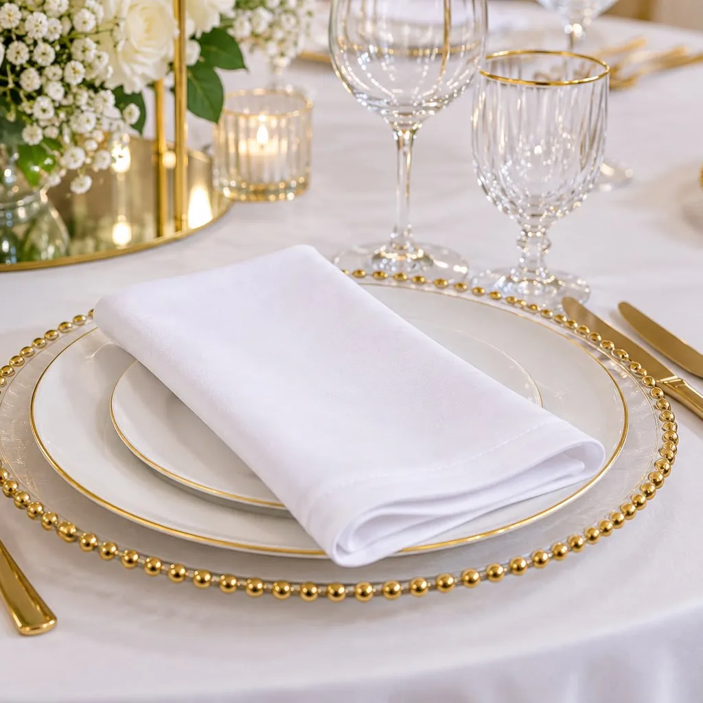 Serviette de table blanche pliée, posée sur une assiette au liseré doré d'une table de réception dressée.