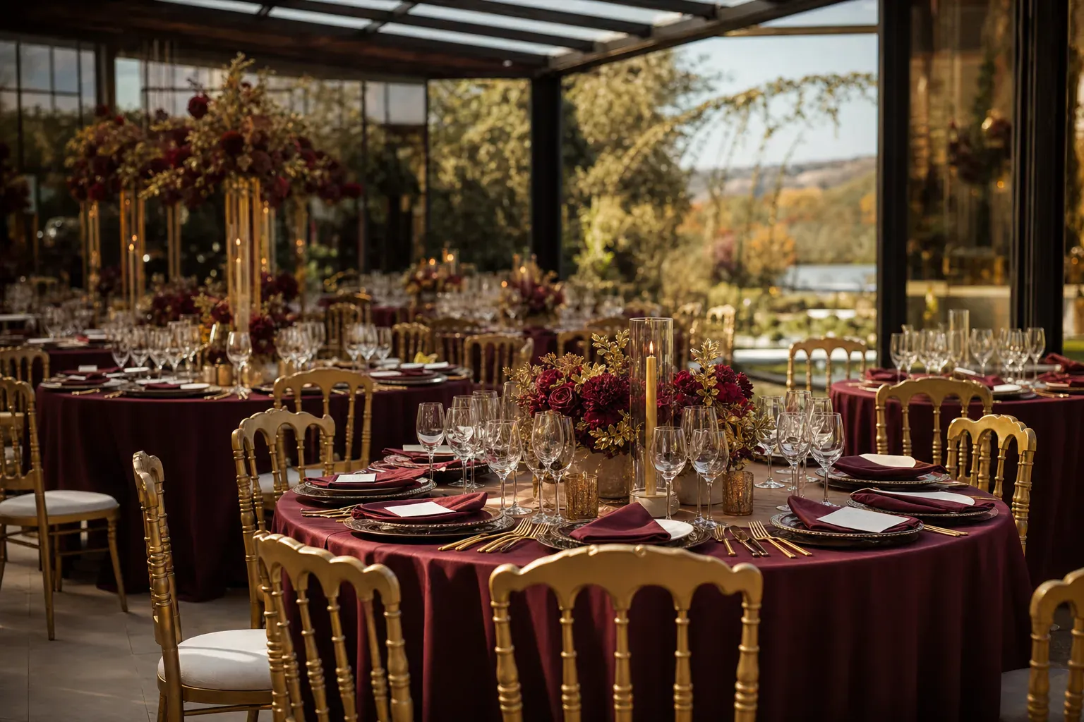 Salle de réception de mariage dressée : tables rondes blanches, rangées de chaises et décoration florale.