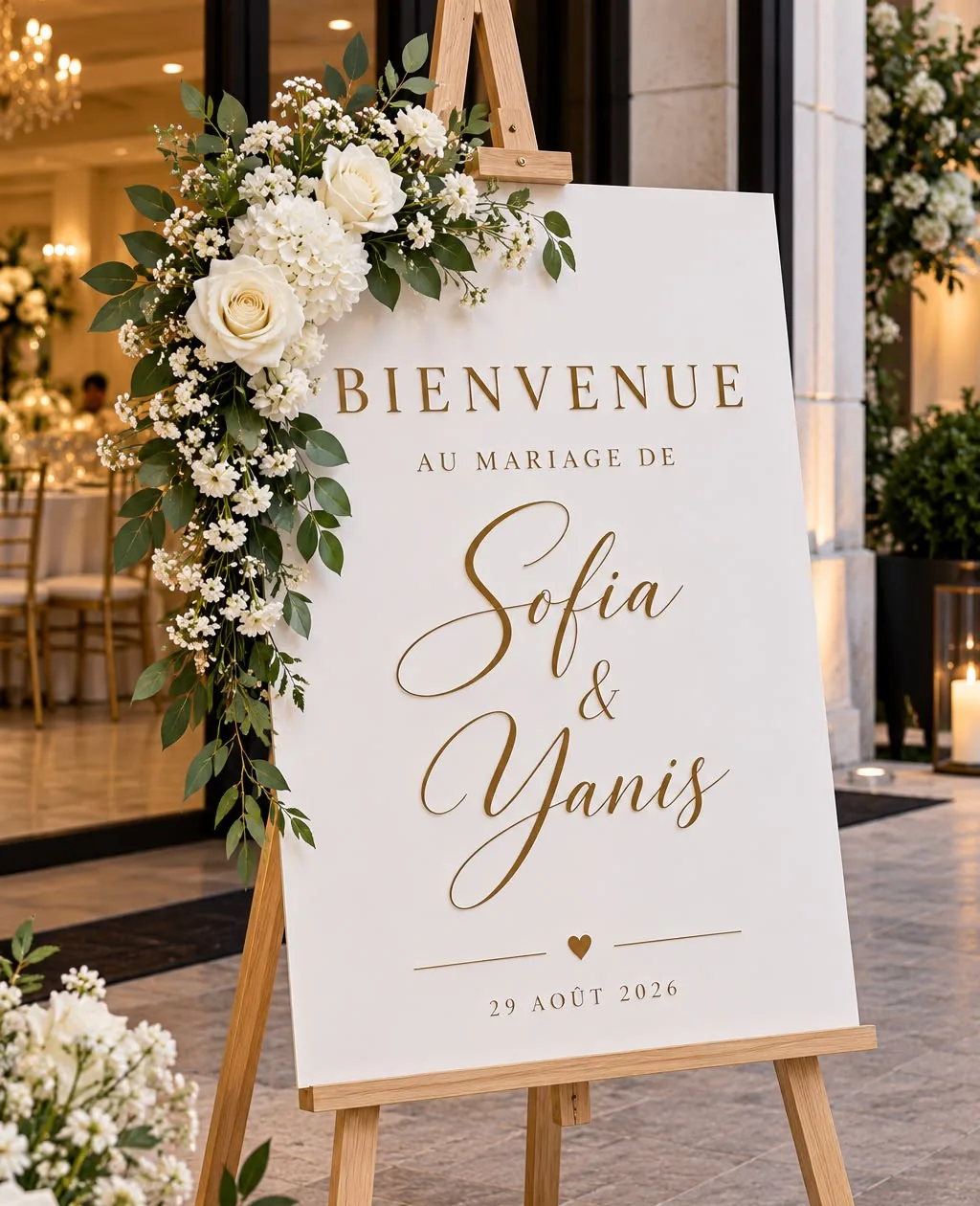 Chevalet en bois portant un panneau de bienvenue blanc personnalisé en lettres dorées, à l'entrée d'une salle de réception.