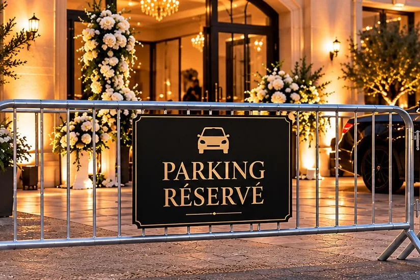 Barrières de délimitation en acier galvanisé portant un panneau noir « Parking réservé » en lettres dorées, devant l'entrée d'un lieu de réception.