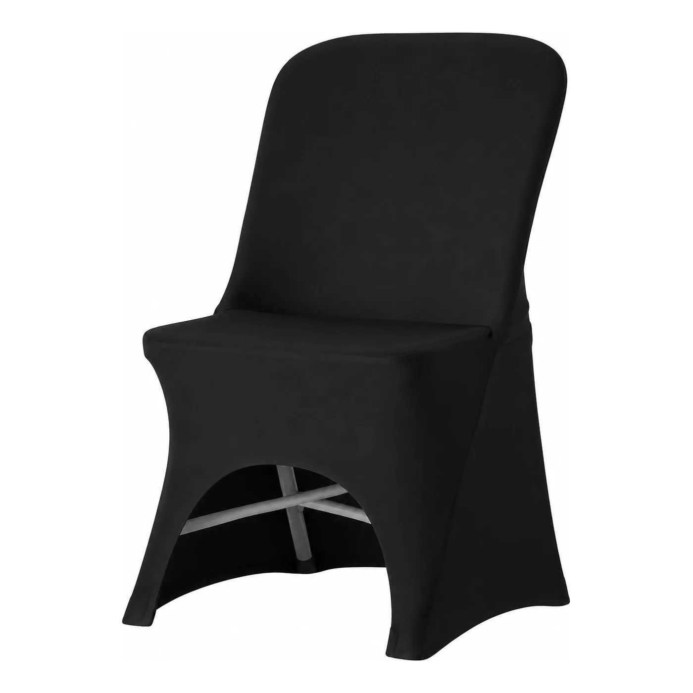 Chaise pliante entièrement habillée d'une housse noire ajustée en tissu extensible, détourée sur fond blanc.