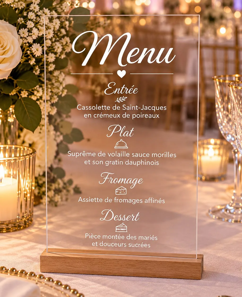 Menu de table en acrylique transparent sur socle en bois, texte blanc personnalisé.