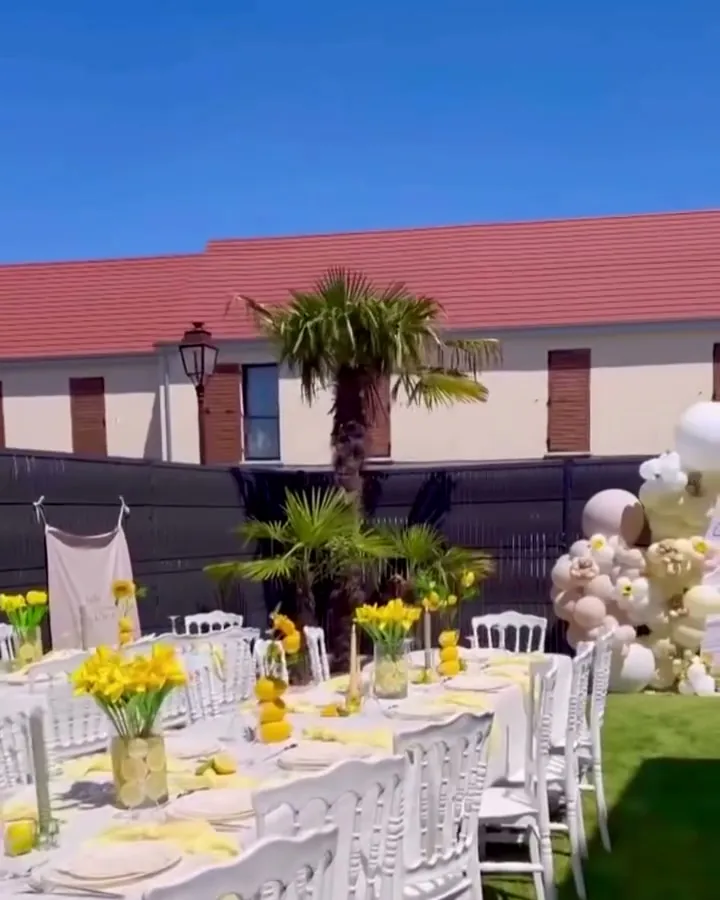 Réception en extérieur sur pelouse : longues tables rectangulaires nappées de blanc, chemins de table jaunes, chaises Napoléon et bouquets de tulipes.