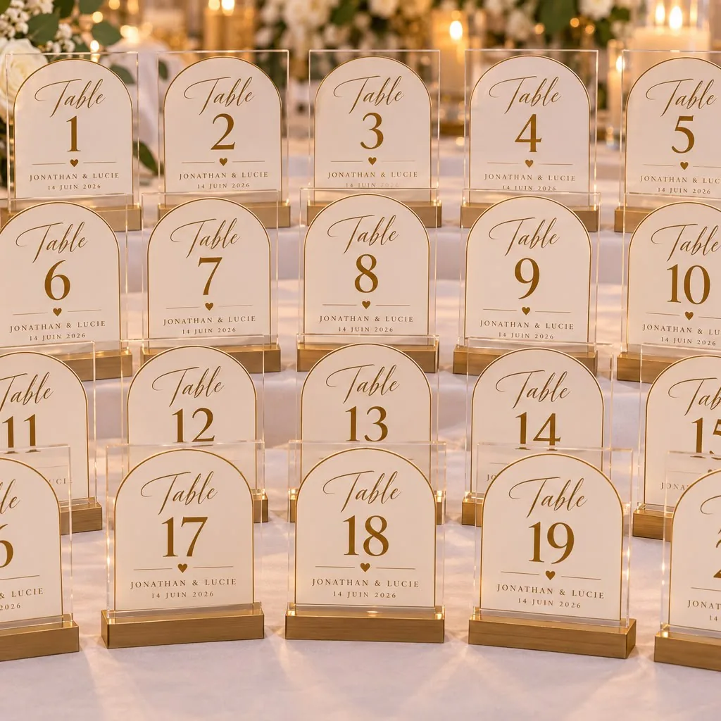 Numéros de table en arche crème sur socle doré, personnalisés aux prénoms des mariés et à la date.