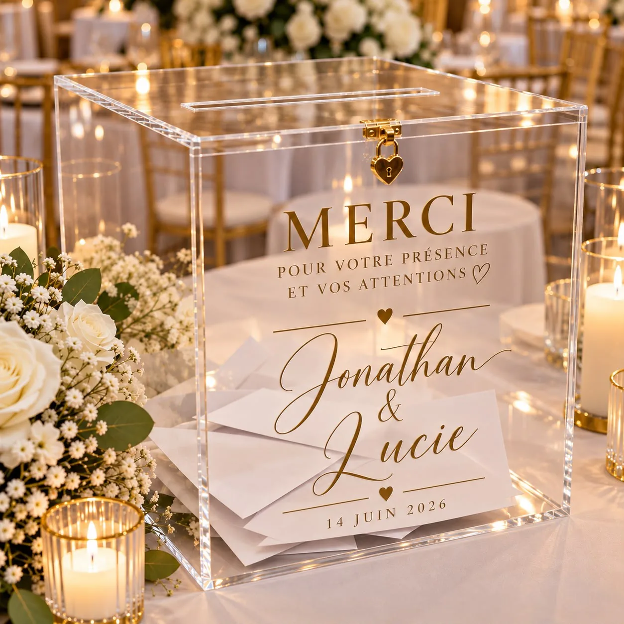 Urne de mariage en acrylique transparent fermée par un cadenas doré en cœur, gravée « Merci » et aux prénoms des mariés.