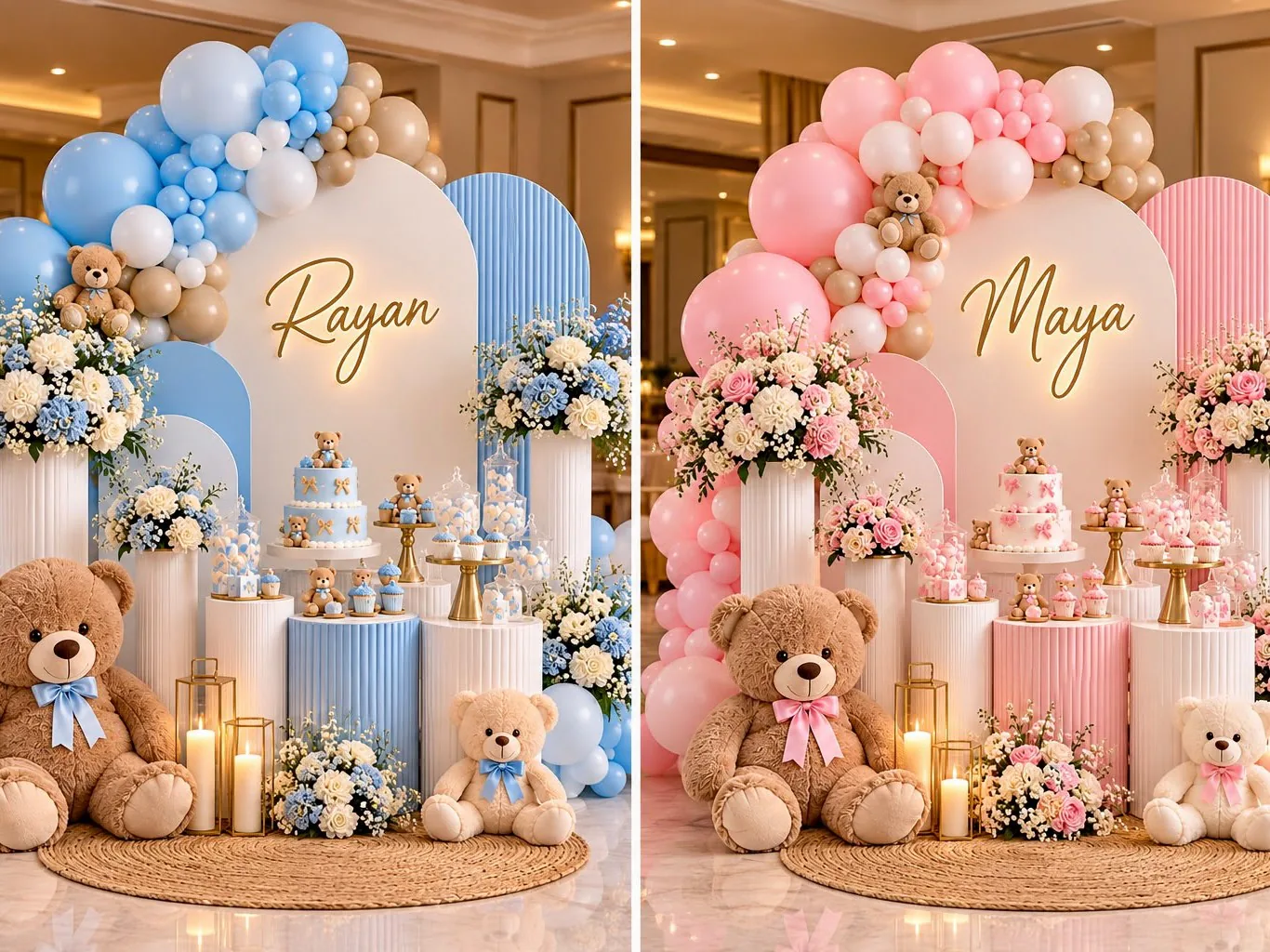Décor de baby shower décliné en bleu et en rose : arches, colonnes, ballons, ours en peluche et prénom en lettres dorées.