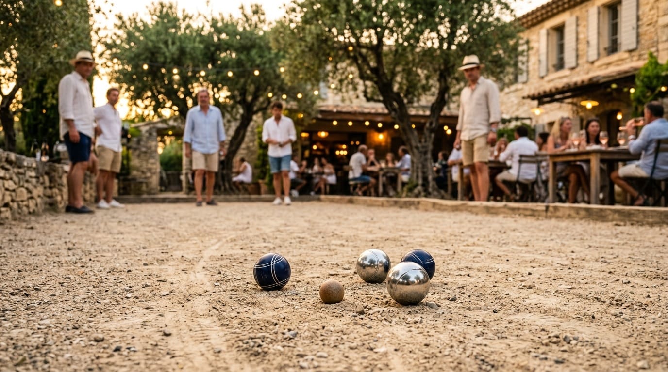 Partie de pétanque au coucher du soleil dans la cour d'un mas provençal