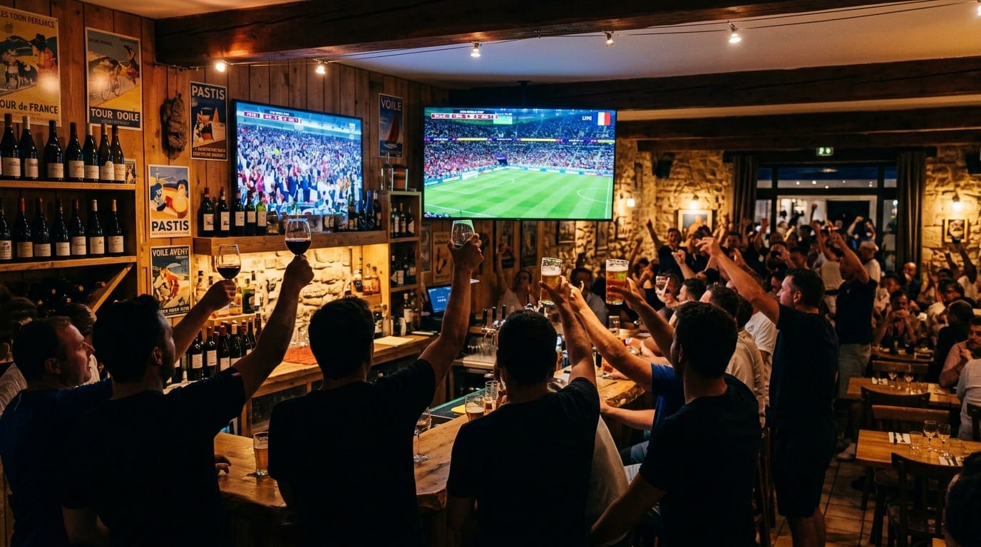 Soirée Coupe du monde au bar de La Paillote, clients trinquant devant la retransmission