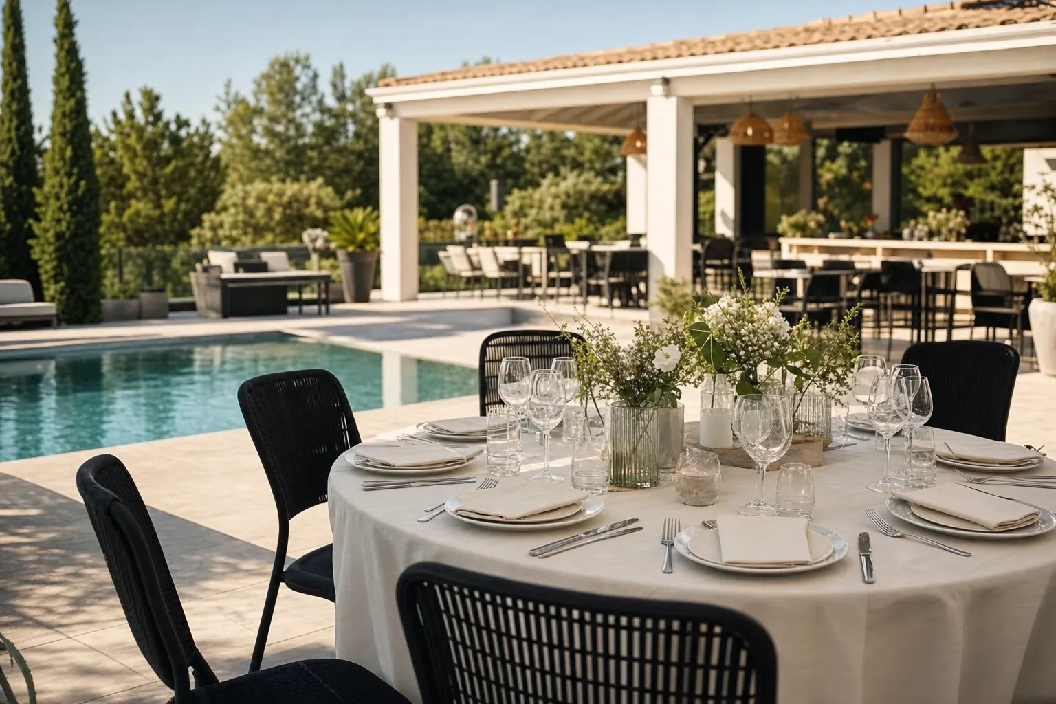 Table de réception de mariage dressée au bord de la piscine dans un cadre provençal près d'Aix-en-Provence
