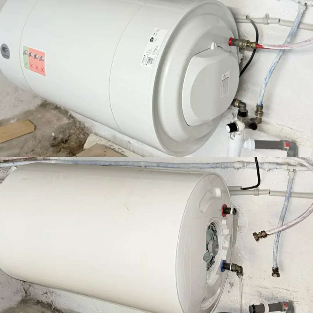 Deux vues d’un chauffe-eau horizontal et de ses raccordements