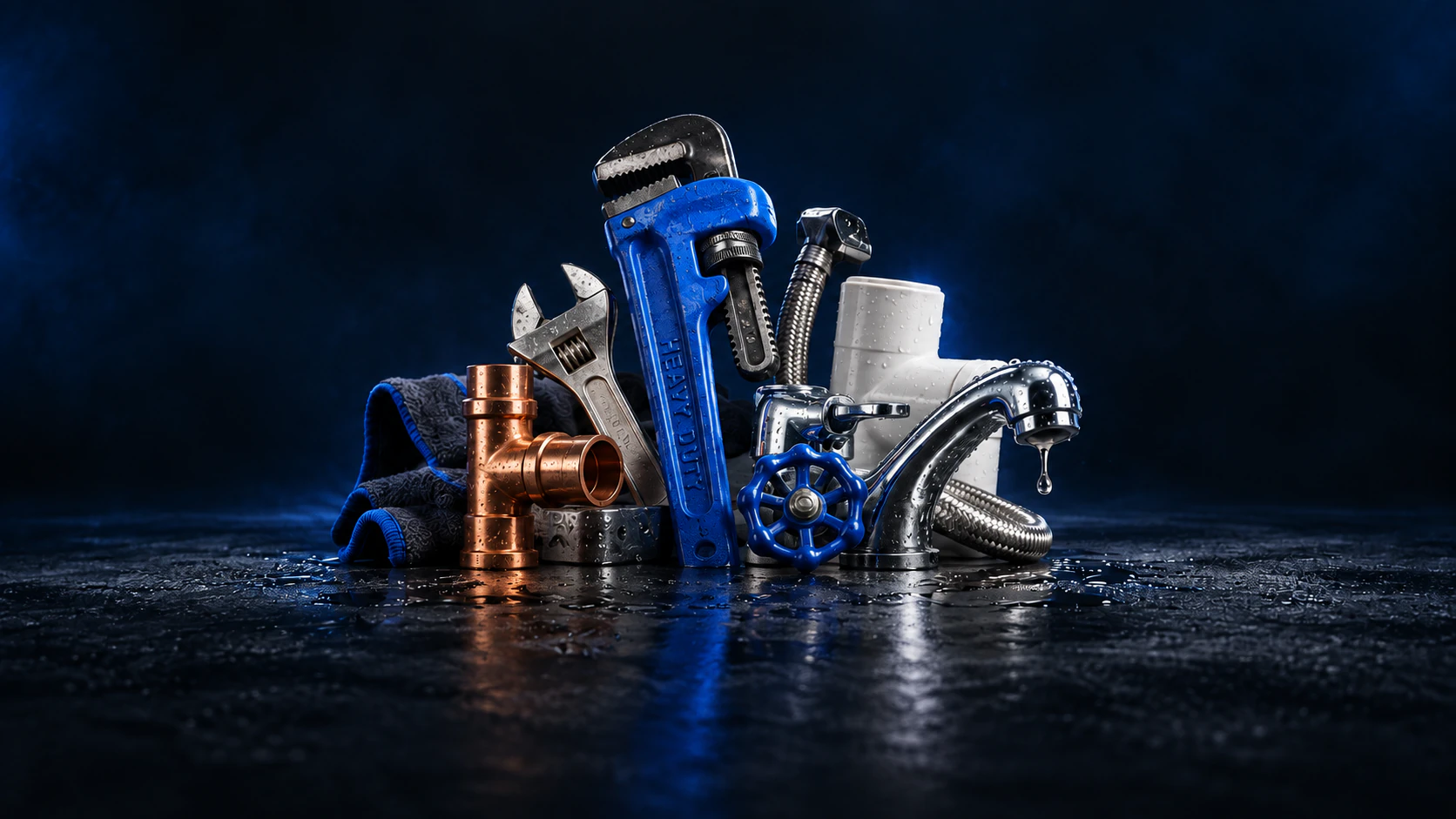Outils et raccords de plomberie : clé à tuyau bleue, raccords et robinet prêts pour un chantier