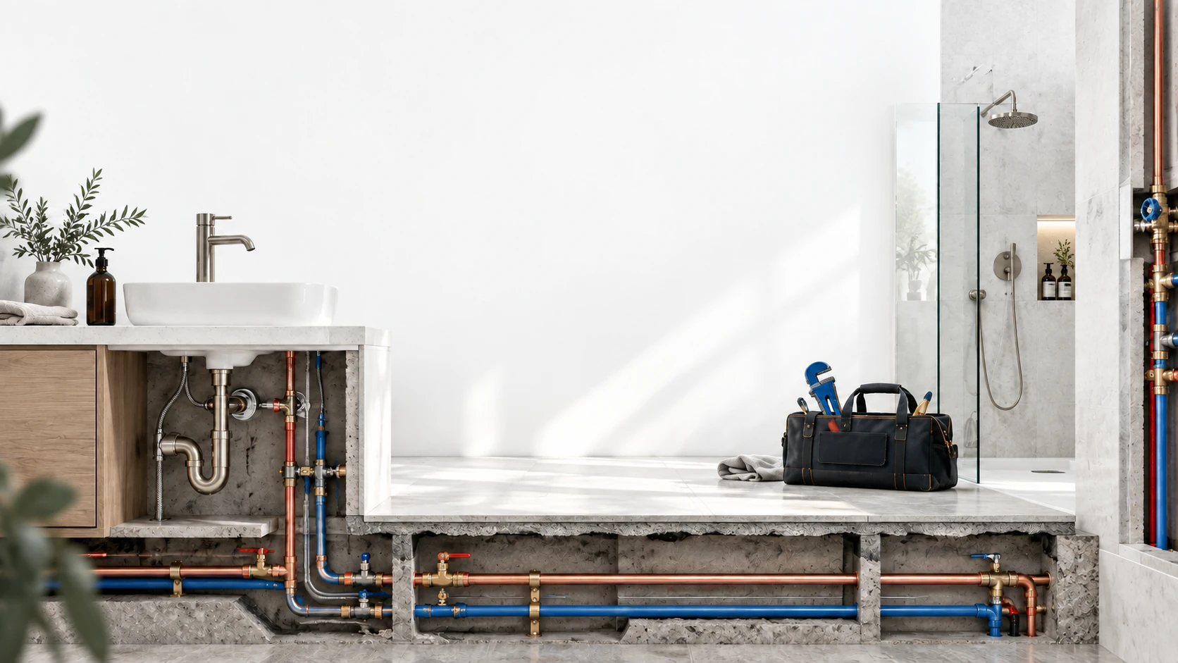 Concept illustratif de salle de bain en coupe : vasque, douche, carrelage et tuyauterie apparente