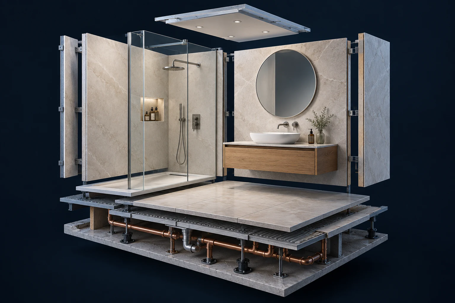 Illustration architecturale d’une salle de bain en vue éclatée avec les réseaux sous le sol