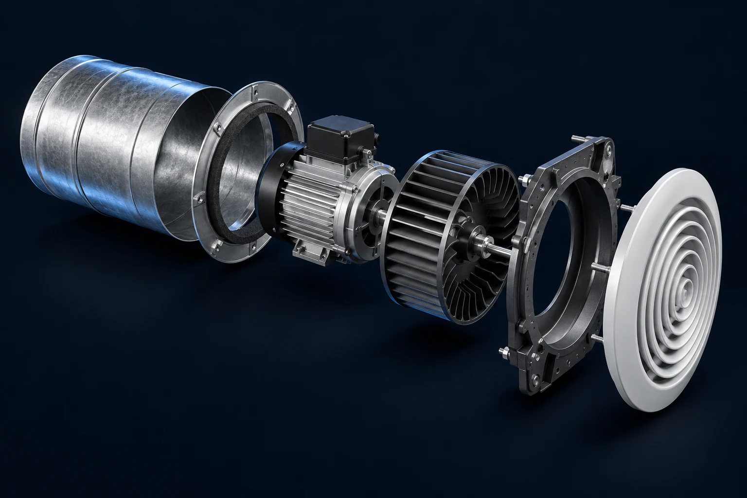 Illustration en vue éclatée d’un système de ventilation avec conduit, moteur et turbine