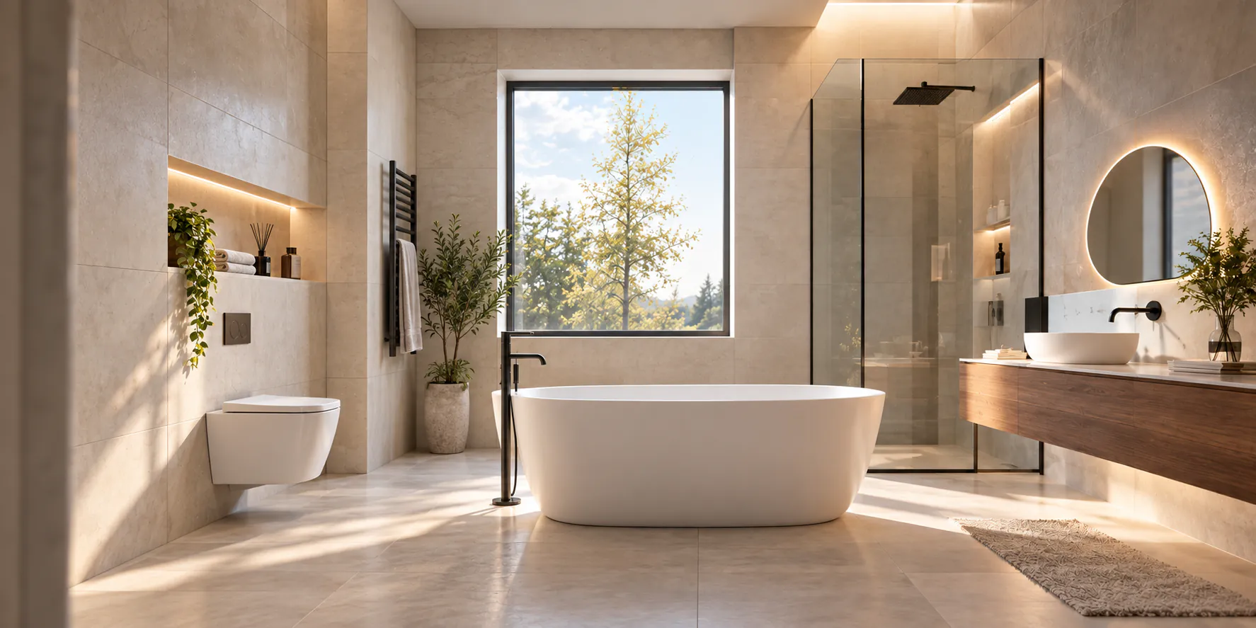 Salle de bain moderne et lumineuse avec baignoire îlot, douche vitrée et meuble vasque