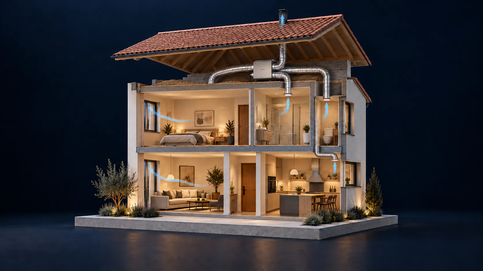 Coupe 3D d’une maison équipée d’une ventilation mécanique contrôlée, gaines et bouches d’extraction visibles