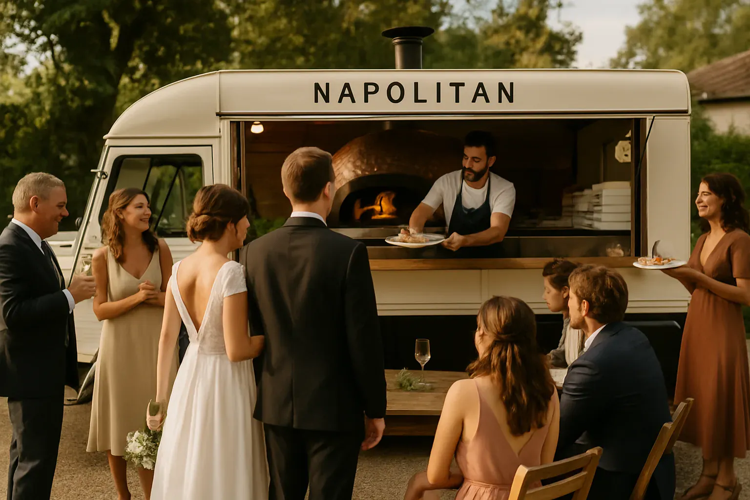 Food truck à pizza napolitaine Le Due Sicilie stationné sur une place, prêt à animer un mariage