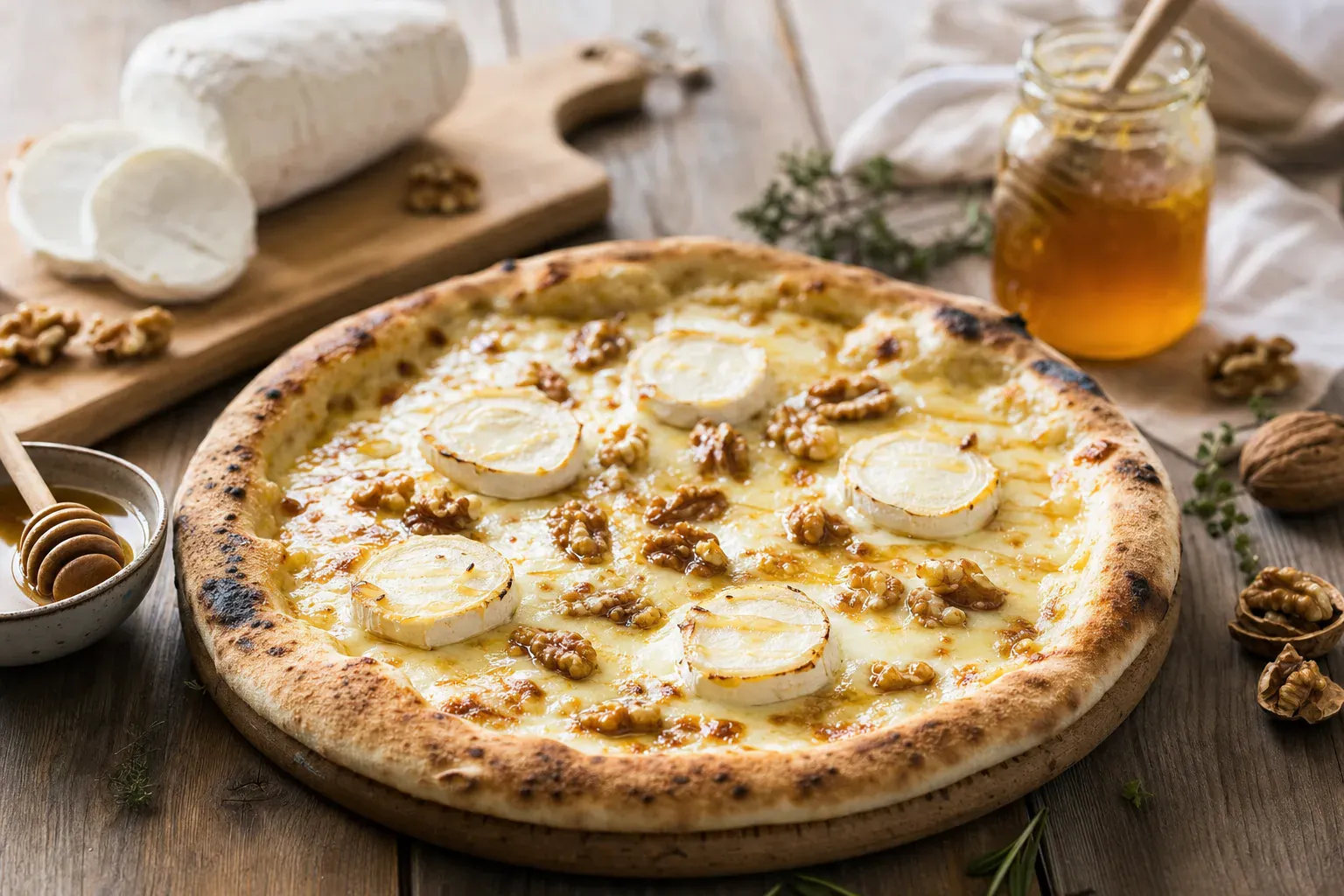 Pizza blanche napolitaine aux fromages fondants, base gourmande pour une recette de pizza chèvre miel