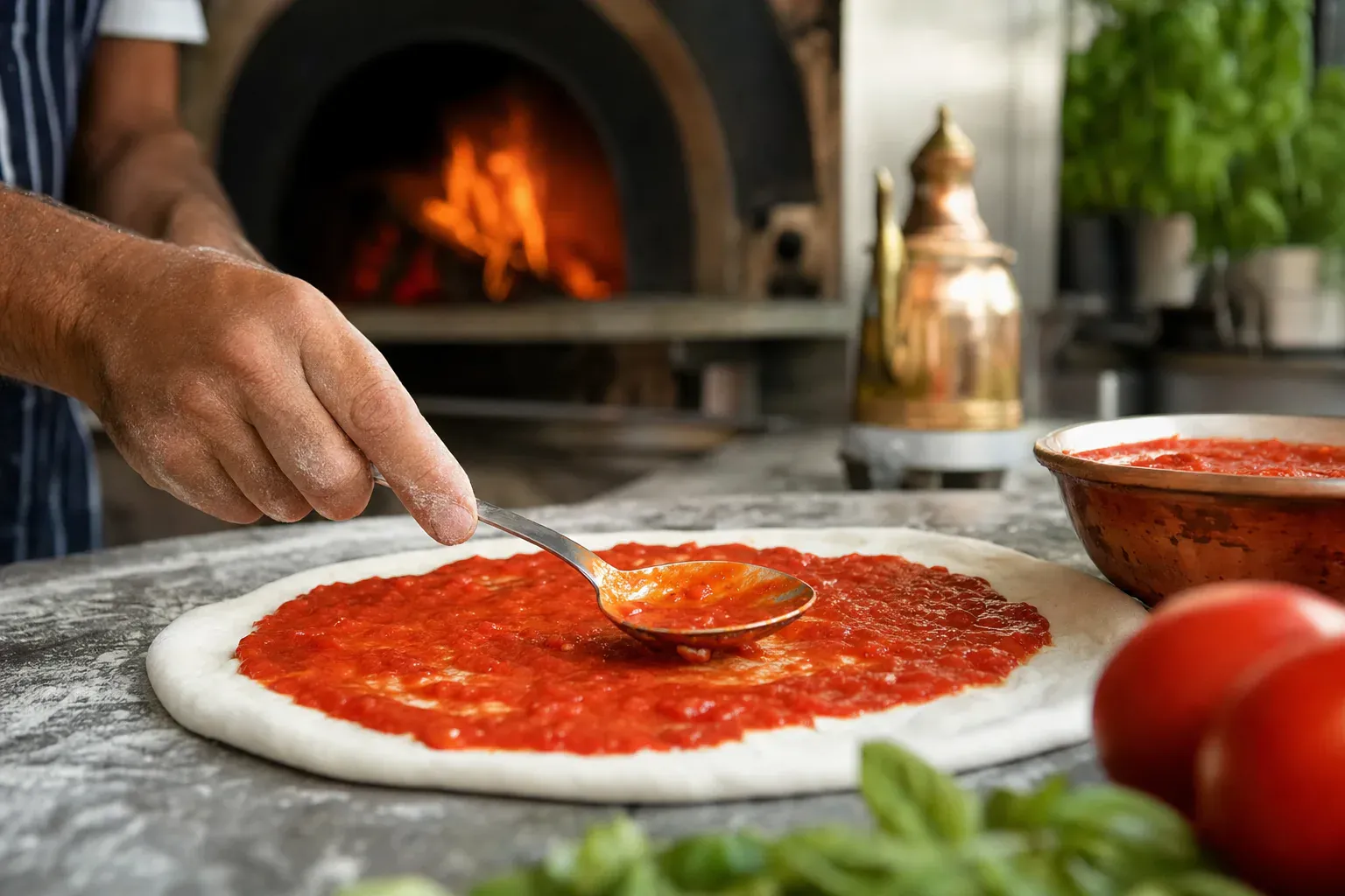 Pizza margherita napolitaine à la sauce tomate San Marzano, mozzarella et basilic frais