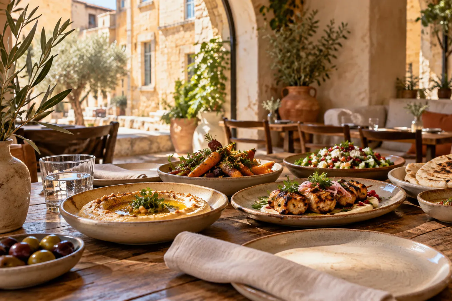 Vue en plongée d’une table en terrasse couverte de plats à partager et d’un cocktail, à Aix-en-Provence